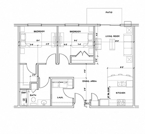 Floor plan for 2 beds, 1 bath, 921 sqft